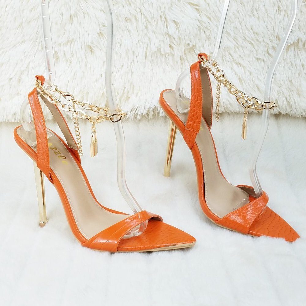 Nicely Lock Chain Strap High Heels Metal Toe Tip Orange Super Cute